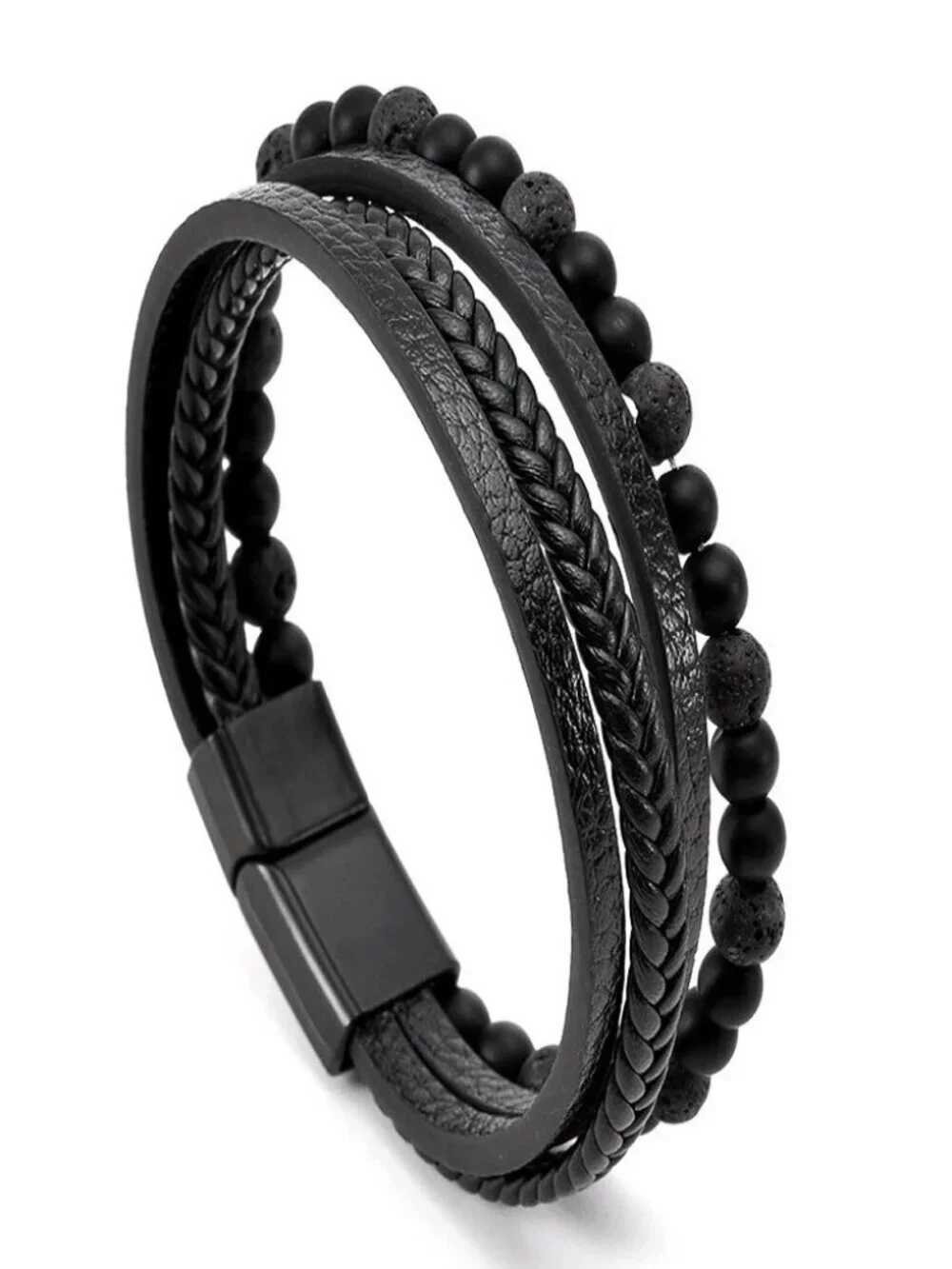 Men's Layered Braided Leather Beaded Bracelet With Tiger Eye Natural Stone - Picture 2 of 10